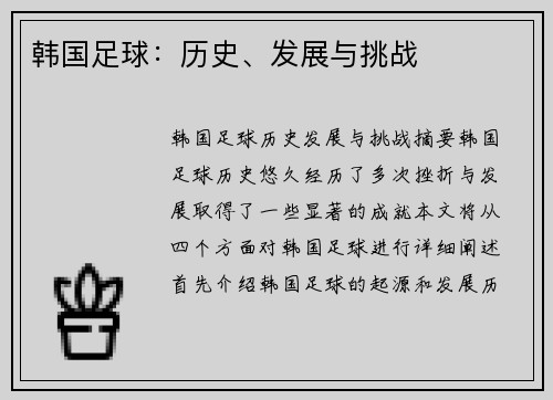 韩国足球：历史、发展与挑战